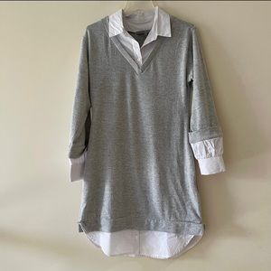 Grey and White Two Tone Collared Sweater Tunic Shirt Dress